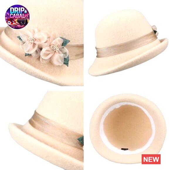 Wool Felt Floral Bucket Hat, Vintage Cloche Fedora for Women